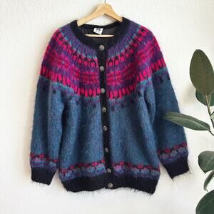 VTG Icelandic Designs Womens FairIsle Mohair/Wool Cardigan M/L Button Colorful